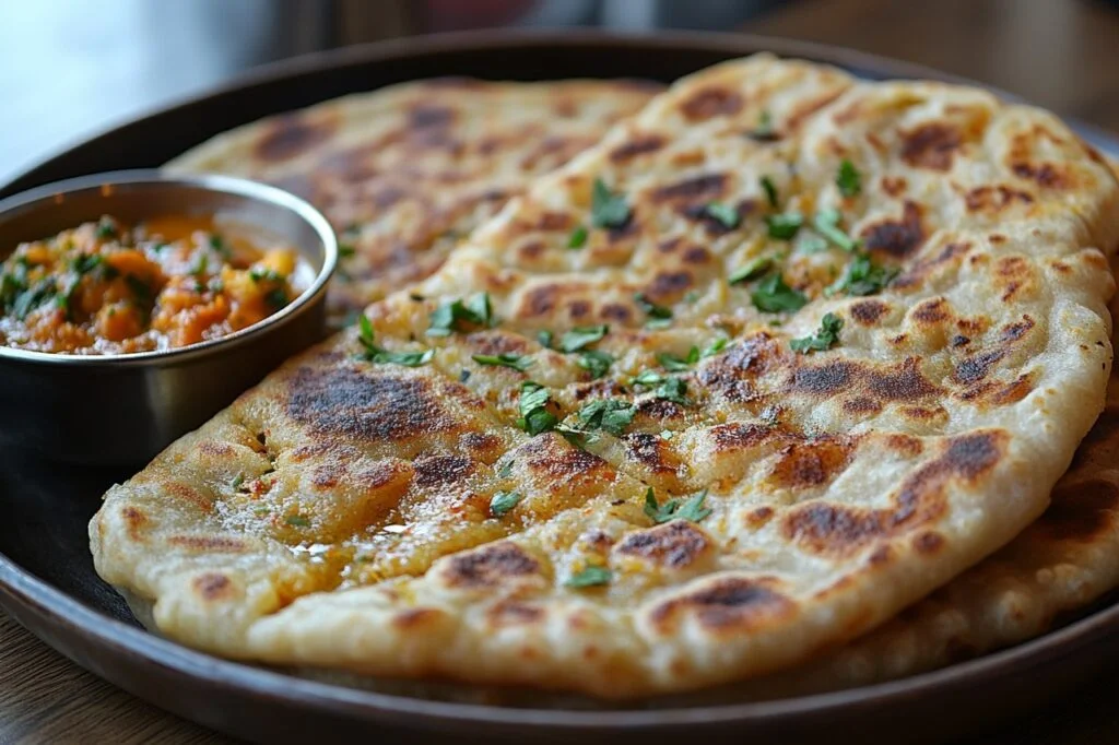 Crispy and buttery Amritsari Kulcha Ottawa served with chole and chutney at Brampton Authentic Indian Food